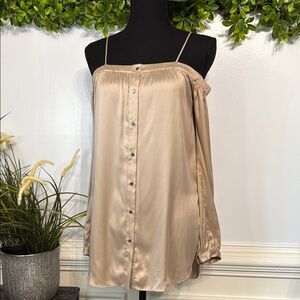 NWT Haute Hippie Silk Brown Button Up Off The Shoulder Long Sleeve Blouse S